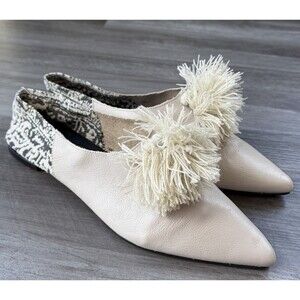 Zara Leather Ballet Flats Size 41 US 10 Fringe Pom Pointed Toe Shoes